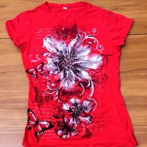 🌺SUNY Red Textured Hibiscus Girl Tee - L